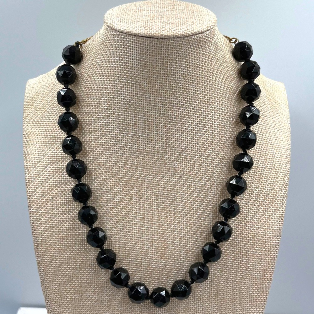 Vintage Black Faceted Bead Choker Necklace Chunky Round Beaded Strand Statement
